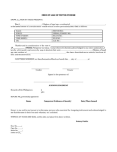 editable deed of sale of motor vehicle microsoft word sample  templates sample cash sale deed template