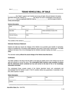 sample texas motor vehicles bill of sale car sale deed template pdf