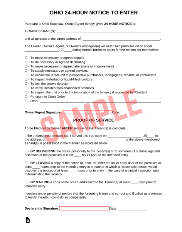 Printable 24 Hour Notice To Enter Ohio Template