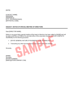 Free Board Of Directors Special Meeting Notice Template