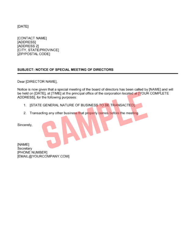 Free Board Of Directors Special Meeting Notice Template