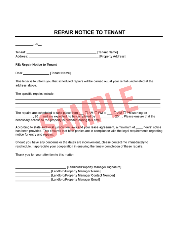 Free Printable Final Notice Of Repair Template Free Final Notice Of Repair Template