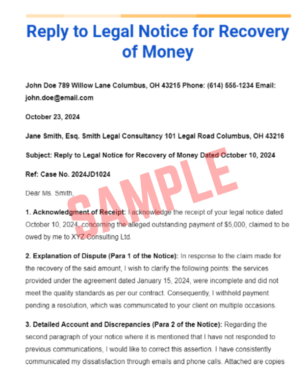 Printable Legal Notice For Recovery Of Money Template